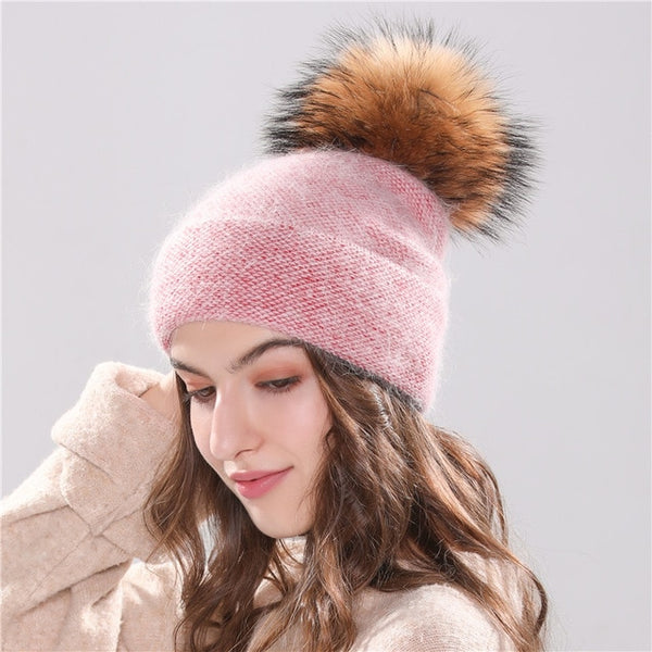 winter beanie knitted faux fur pom pom