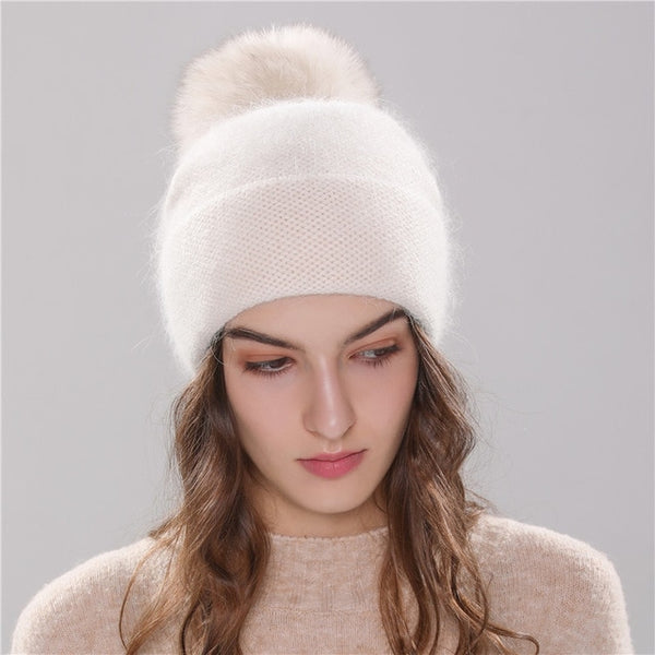 winter beanie knitted faux fur pom pom