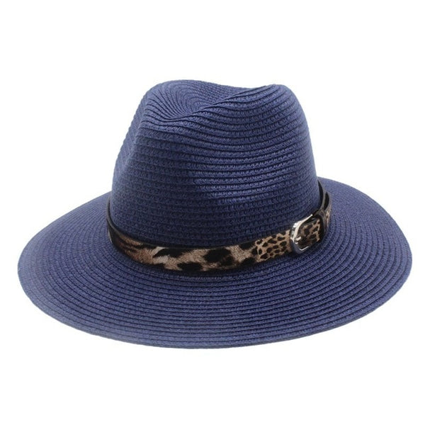 Blue Straw Panama Fedora Sun Hat Wide Brim-with leopard print ribbon