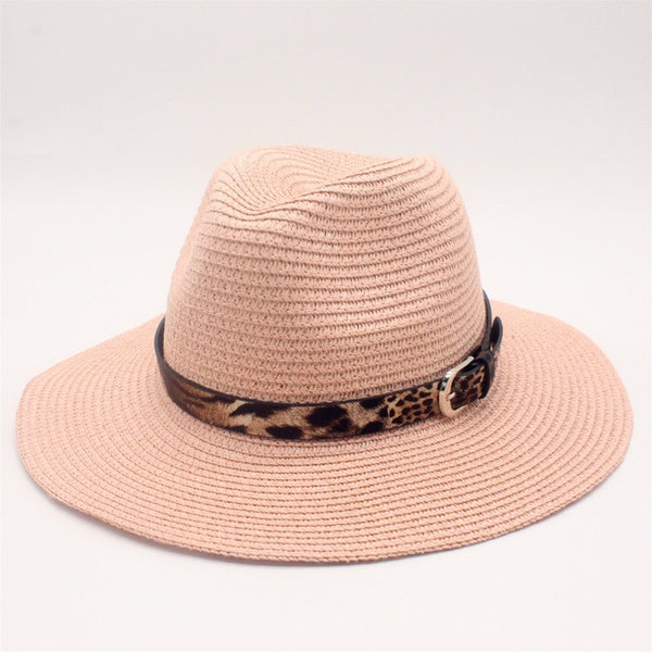 Pink Straw Panama Fedora Sun Hat Wide Brim-with leopard print ribbon