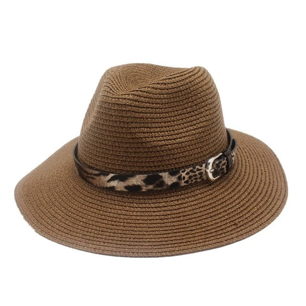 Dark tan Straw Panama Fedora Sun Hat Wide Brim-with leopard print ribbon