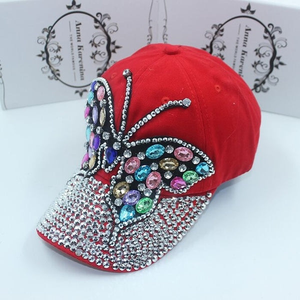 Mega Bling Bling Baseball Cap Women Full Rhinestones Colorful Big Butterfly Hat