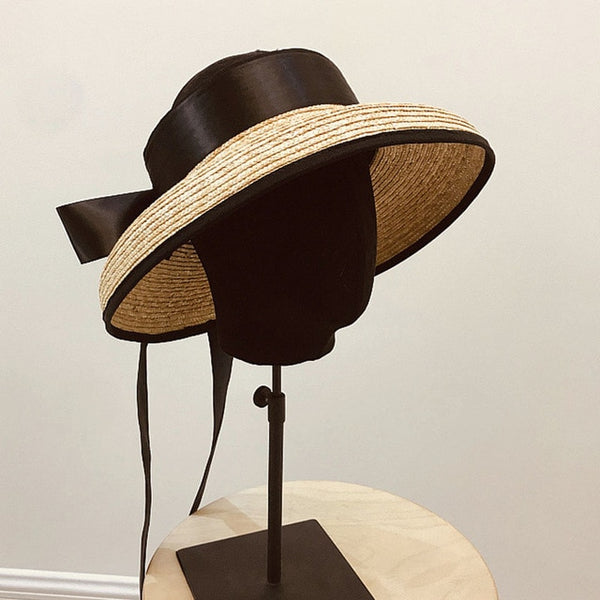 Women Exposed head Wide Brim Braid Straw Cap Summer Beach Hat with Long Ribbon Bow