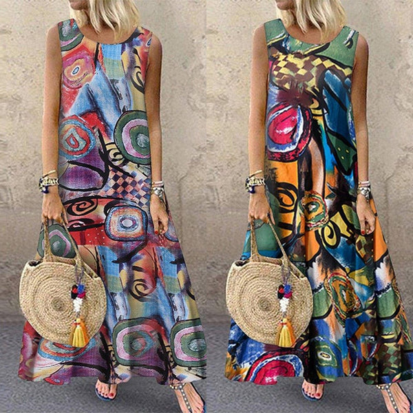 Colorful Pleated Print Designs Long Maxi Dress-Many prints up to XXXL plus size