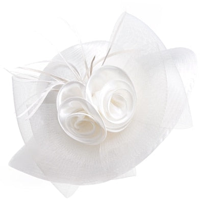 White Satin Ribbon Feathers Floral Wide Brim Hats Floppy- Kentucky Derby-Church-Tea Party