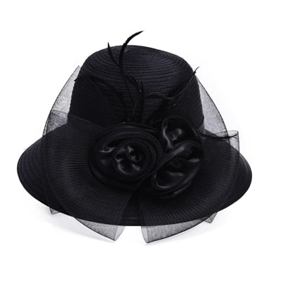 Black Satin Ribbon Feathers Floral Wide Brim Hats Floppy- Kentucky Derby-Church-Tea Party