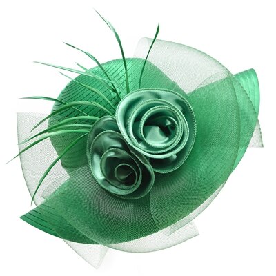Green Satin Ribbon Feathers Floral Wide Brim Hats Floppy- Kentucky Derby-Church-Tea Party