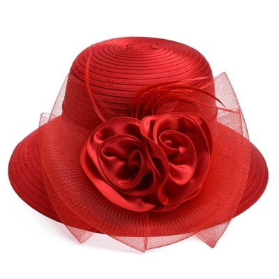 Red Satin Ribbon Feathers Floral Wide Brim Hats Floppy- Kentucky Derby-Church-Tea Party