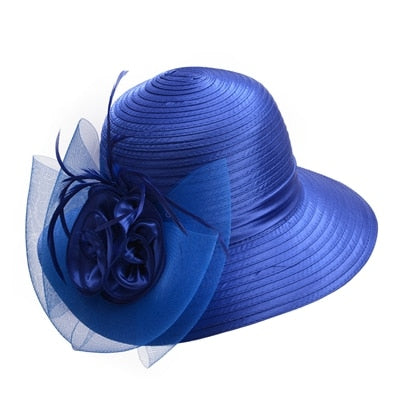 Blue Satin Ribbon Feathers Floral Wide Brim Hats Floppy- Kentucky Derby-Church-Tea Party
