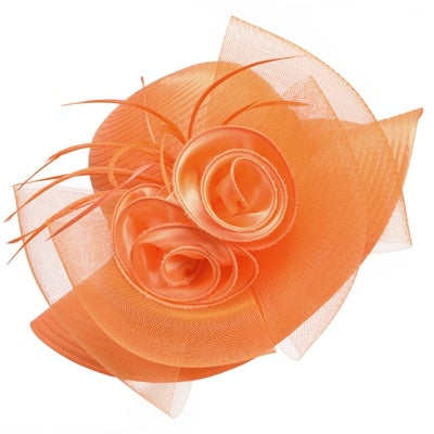 Orange Satin Ribbon Feathers Floral Wide Brim Hats Floppy- Kentucky Derby-Church-Tea Party