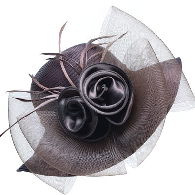 Gray Satin Ribbon Feathers Floral Wide Brim Hats Floppy- Kentucky Derby-Church-Tea Party