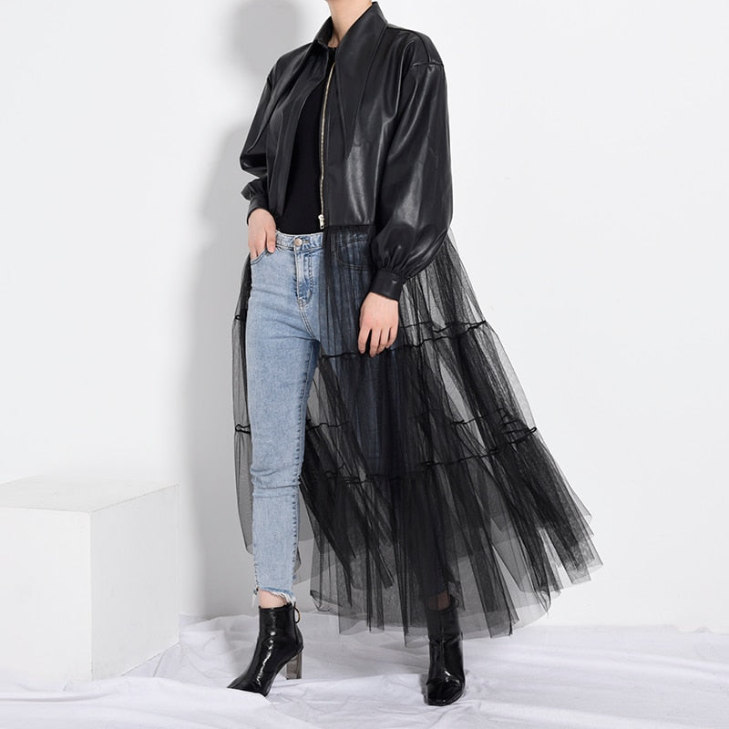 Unique Long Sleeve Pu Faux Leather Jacket with attached flowing black mesh ruffle bottom