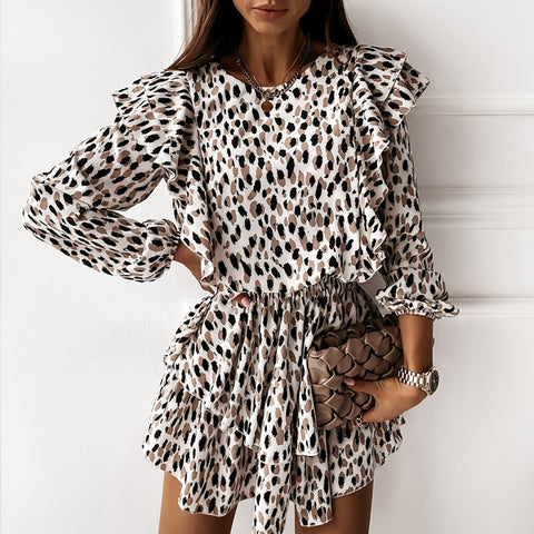 Cascading Ruffle Dress Long Sleeve A Line Leopard Print