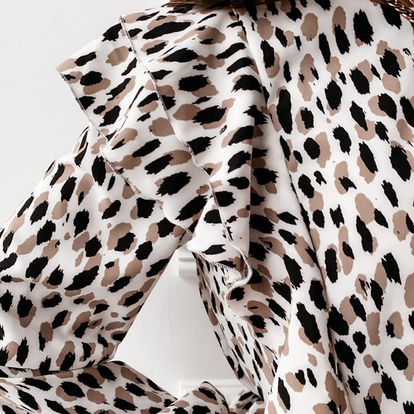 Cascading Ruffle Dress Long Sleeve A Line Leopard Print