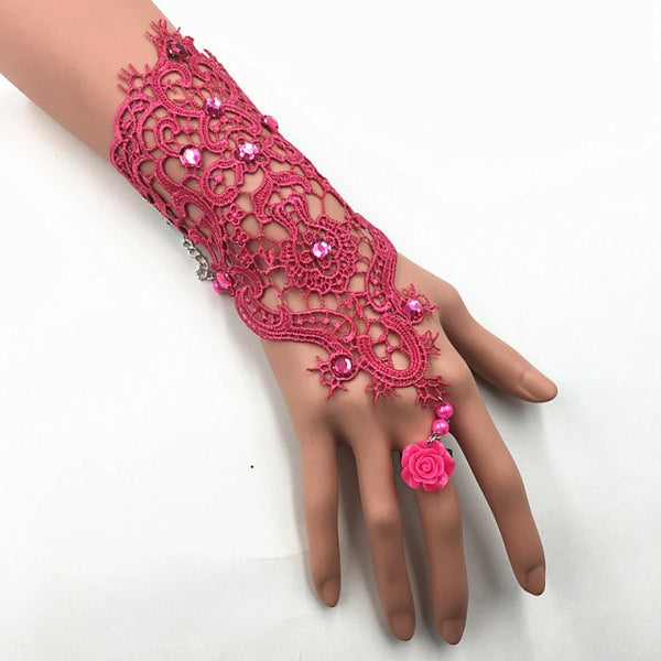 Lace Pearl Rhinestones Bridal Gloves Bracelet Wedding Glove White Black Pink Bride Party Prom Jewelry Ring Wristband Glove