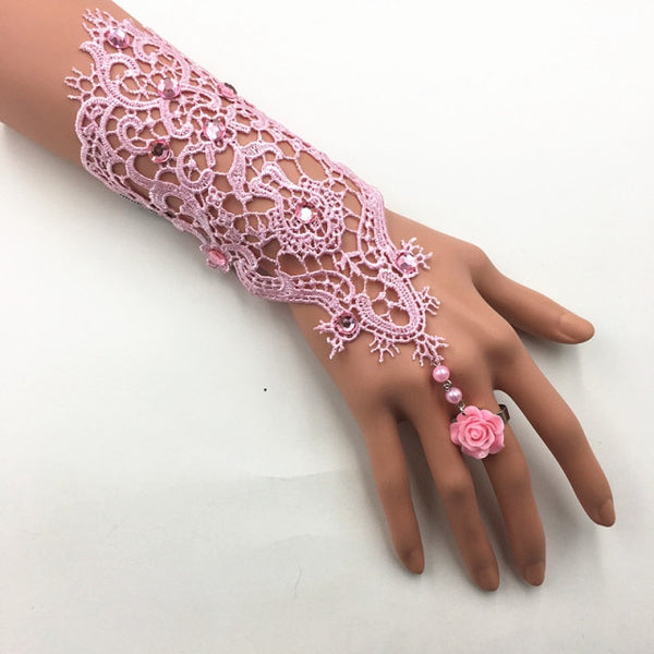 Lace Pearl Rhinestones Bridal Gloves Bracelet Wedding Glove White Black Pink Bride Party Prom Jewelry Ring Wristband Glove
