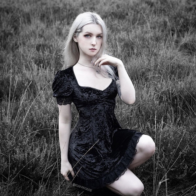 Vintage Lace Black Dress Goth Sexy High Waist Mini Dress Black / S Vintage Lace Black Dress Goth Sexy High Waist Mini Dress Black / S