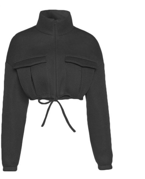 dark gray Turtleneck Zipper Pocket Crop Jacket With Drawstring