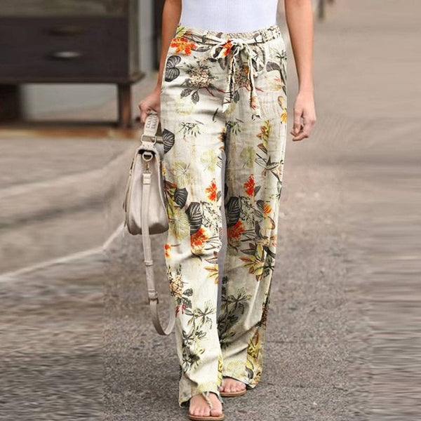 Vintage Printed Pants Women's Autumn Trousers Casual Elastic Waist with Drawstring-Many Prints