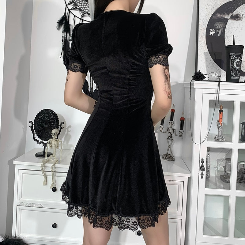 Vintage Lace Black Dress Goth Sexy High Waist Mini Dress Black / S Vintage Lace Black Dress Goth Sexy High Waist Mini Dress Black / S
