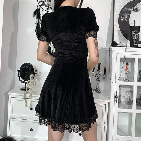 Vintage Lace Black Dress Goth Sexy High Waist Mini Dress