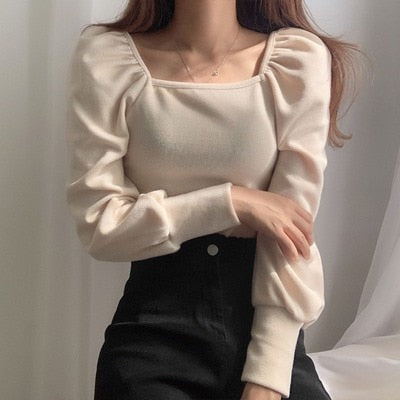 Chic Square Collar Slim Fit Pleated Puff Sleeve Knit Top