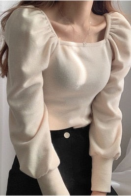 Chic Square Collar Slim Fit Pleated Puff Sleeve Knit Top