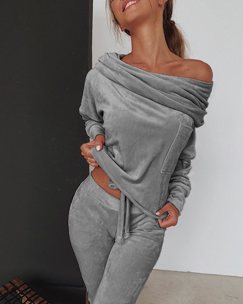 Fall Clothing off Shoulder Sweatsuit Womens 2 Piece Outfit Joggers