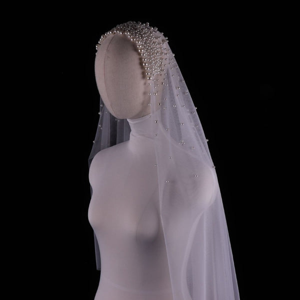 Pearls Long Wedding Veil Tulle White Bridal Veil Elegant Luxurious Beaded Bride