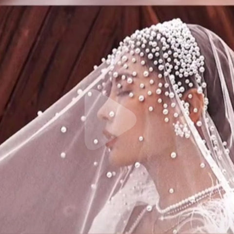 Pearls Long Wedding Veil Tulle White Bridal Veil Elegant Luxurious Beaded Bride
