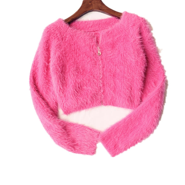 Pink fluffy front zipper off shoulder one line neck slim knit top