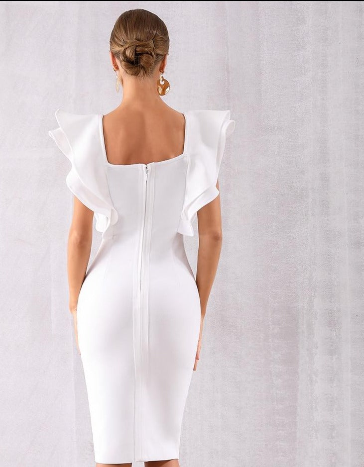 white bodycon dress with ruffle bottom Lisa Ruffle Bodycon Dress Madida Clothing