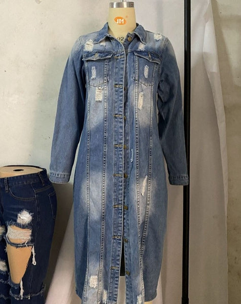 Distressed Denim Vintage Long Jean Jacket S-Plus sizes