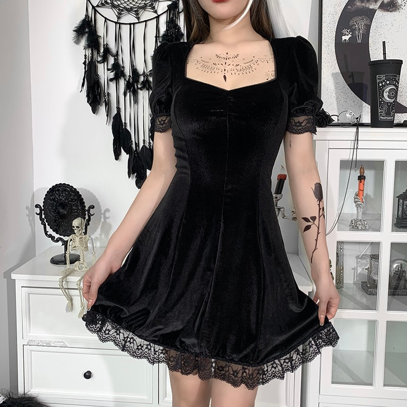 Vintage Lace Black Dress Goth Sexy High Waist Mini Dress Black / S