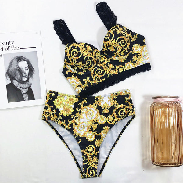 Baroque Print Bikini Set High Waist Swimwear Women Swimsuit-two prints available