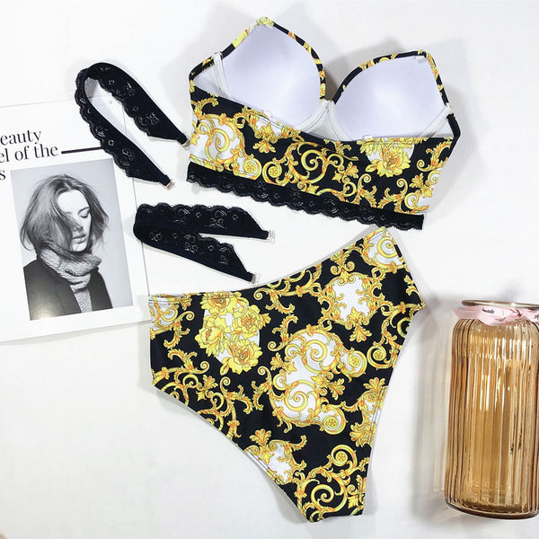Baroque Print Bikini Set High Waist Swimwear Women Swimsuit-two prints available