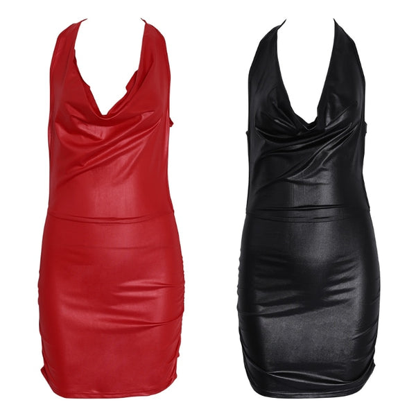 Black And Red Wet Look Backless Faux Leather Bodycon Mini Dress