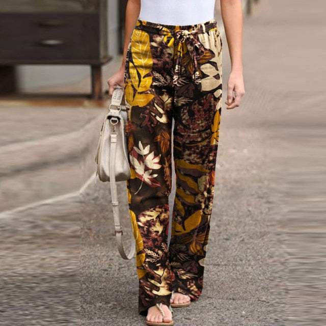 Vintage Printed Pants Women's Autumn Trousers Casual Elastic Waist with  Drawstring-Many Prints
