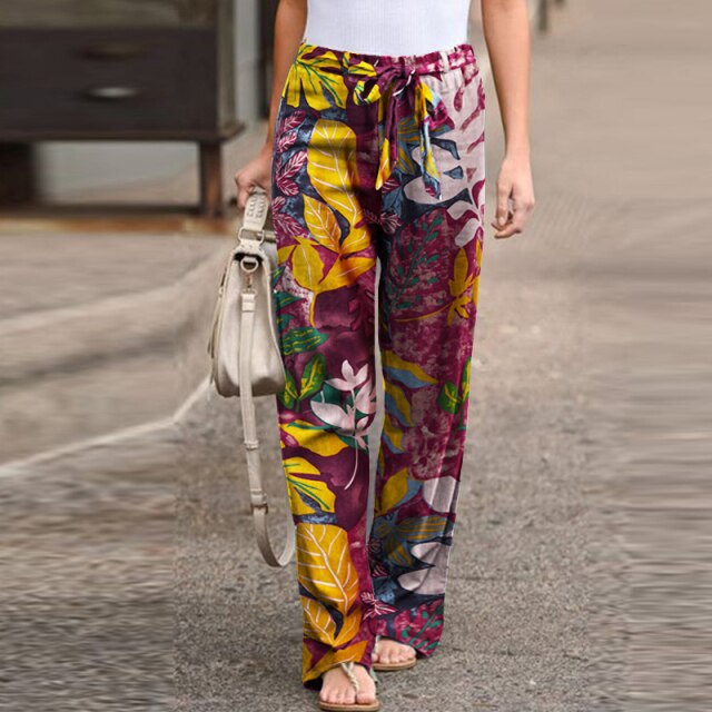 Vintage Printed Pants Women's Autumn Trousers Casual Elastic Waist with  Drawstring-Many Prints