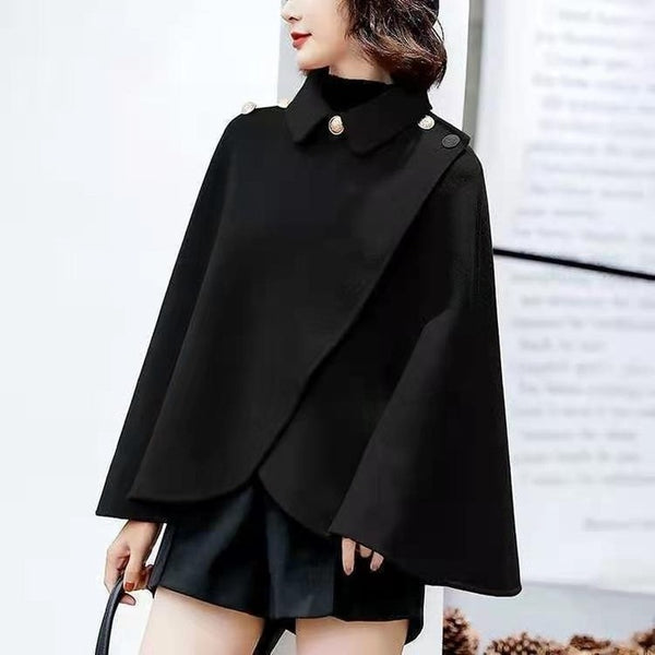 Black Wool blend Poncho Shoulder Clasp Women Short Shawl