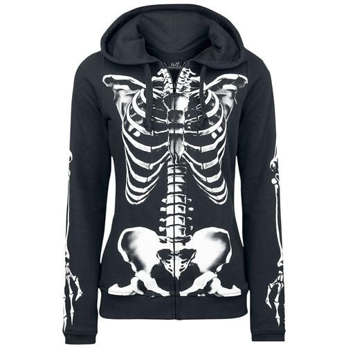 Hooded Sweatshirt Zipper Long Sleeve Skeleton Print Hoodie Jacket