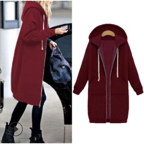 Leisure Loose Long Hooded Jackets Zipper Pockets up to Plus size Hoodies