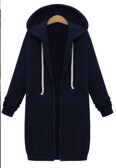 Leisure Loose Long Hooded Jackets Zipper Pockets up to Plus size Hoodies