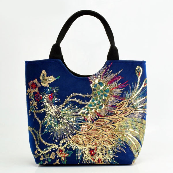 blue Women Handmade Embroidery Peacock Bohemian Shoulder Bag