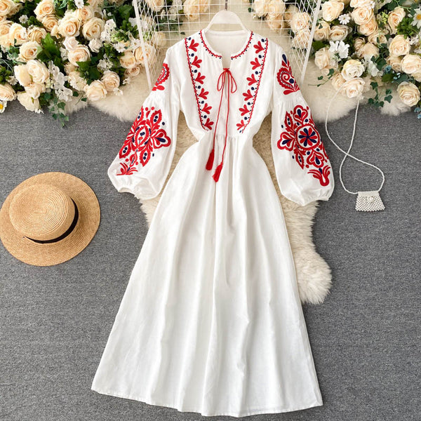 Bohemian Embroidered Flower O-Neck Lantern Sleeve High Waist Dress,