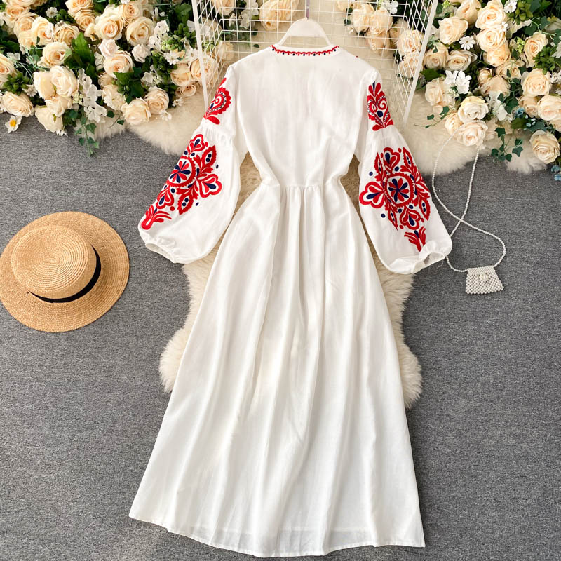 Bohemian Embroidered Flower O-Neck Lantern Sleeve High Waist Dress, White / One Size Bohemian Embroidered Flower O-Neck Lantern Sleeve High Waist Dress, White / One Size