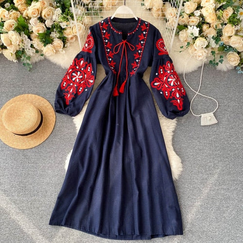 Bohemian Embroidered Flower O-Neck Lantern Sleeve High Waist Dress, Navy / One Size Bohemian Embroidered Flower O-Neck Lantern Sleeve High Waist Dress, Navy / One Size