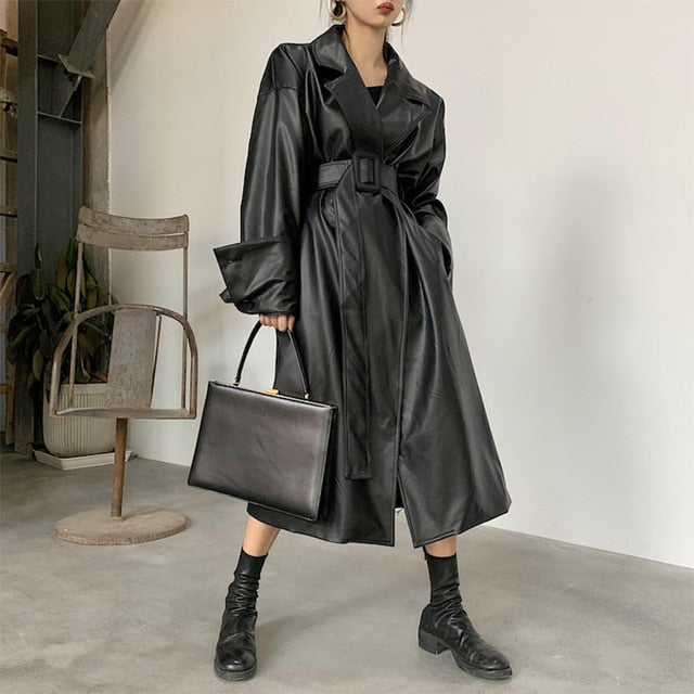 Long oversized Faux leather trench coat