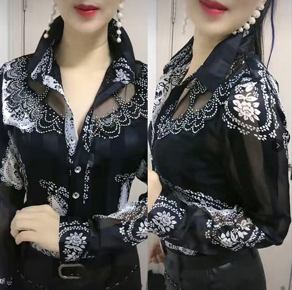 Long-sleeved styled Lace Stitching Ladies chiffon collar blouse with floral details