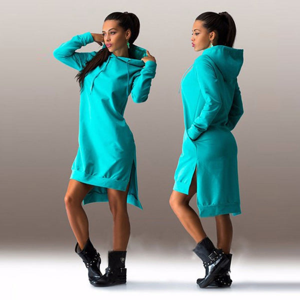 turqoise Sweatshirt Casual Long Sleeve Split Hooded Dress